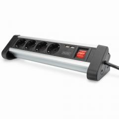 Steckdosenleiste 4x Stecker 2xUSB Port Schalter Digitus Black Silver